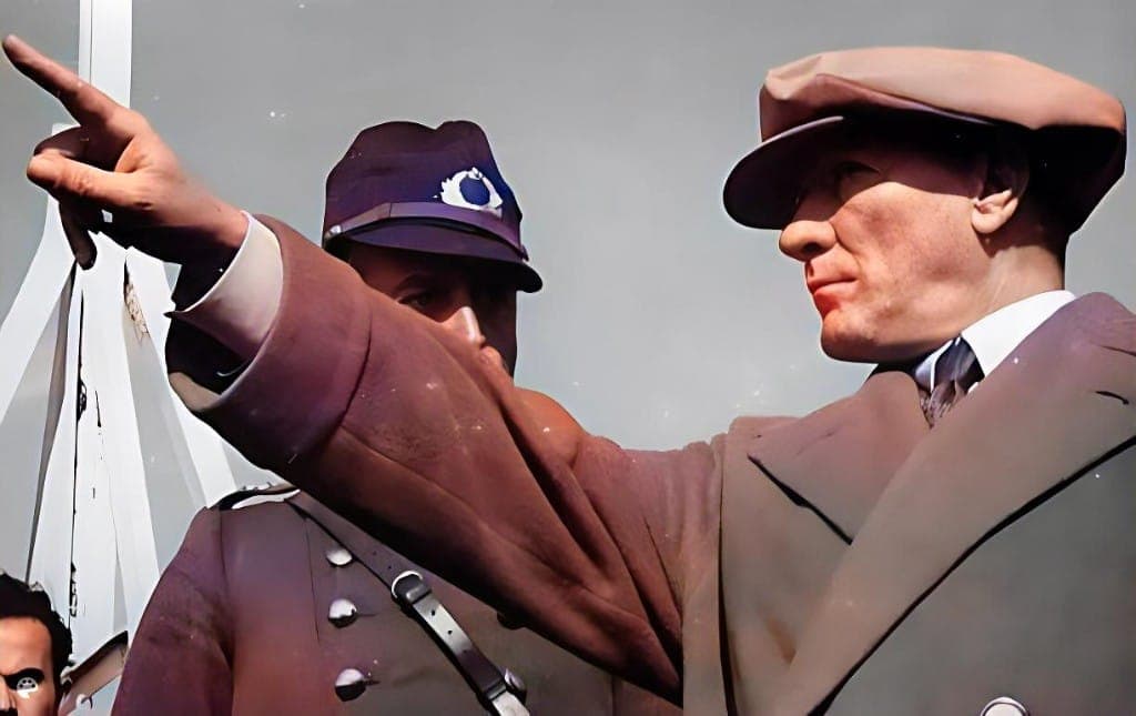 Mustafa Kemal Atatürk, bir tören sırasında ileriyi işaret ediyor